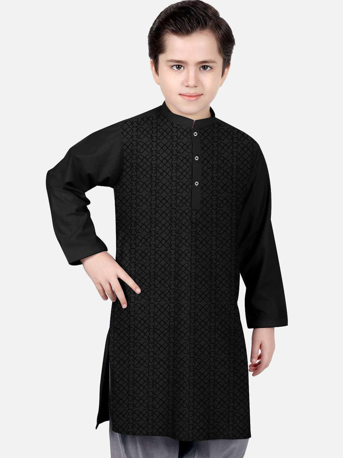 Stitched Kurta For Kids-Black Allover Textured-VL0043