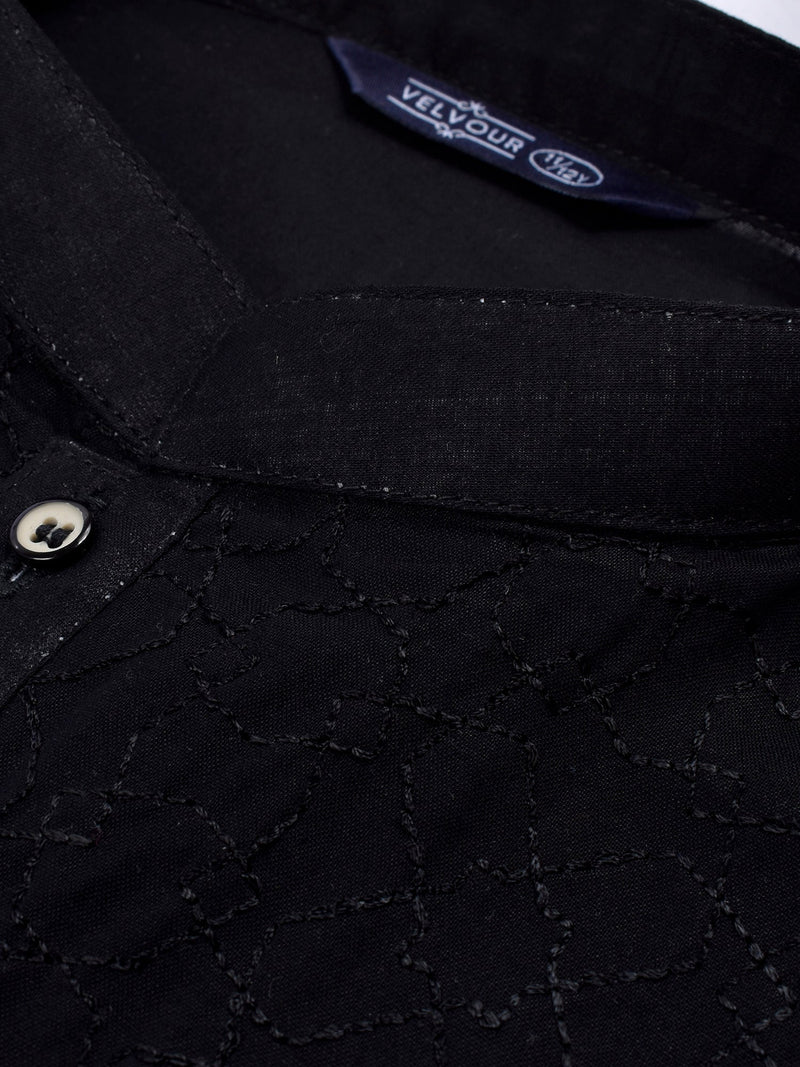 Stitched Kurta For Kids-Black Allover Textured-VL0043