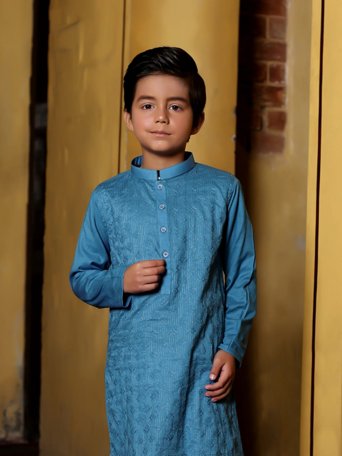 Stitched Kurta For Kids-Light Blue Allover Textured-VL0040