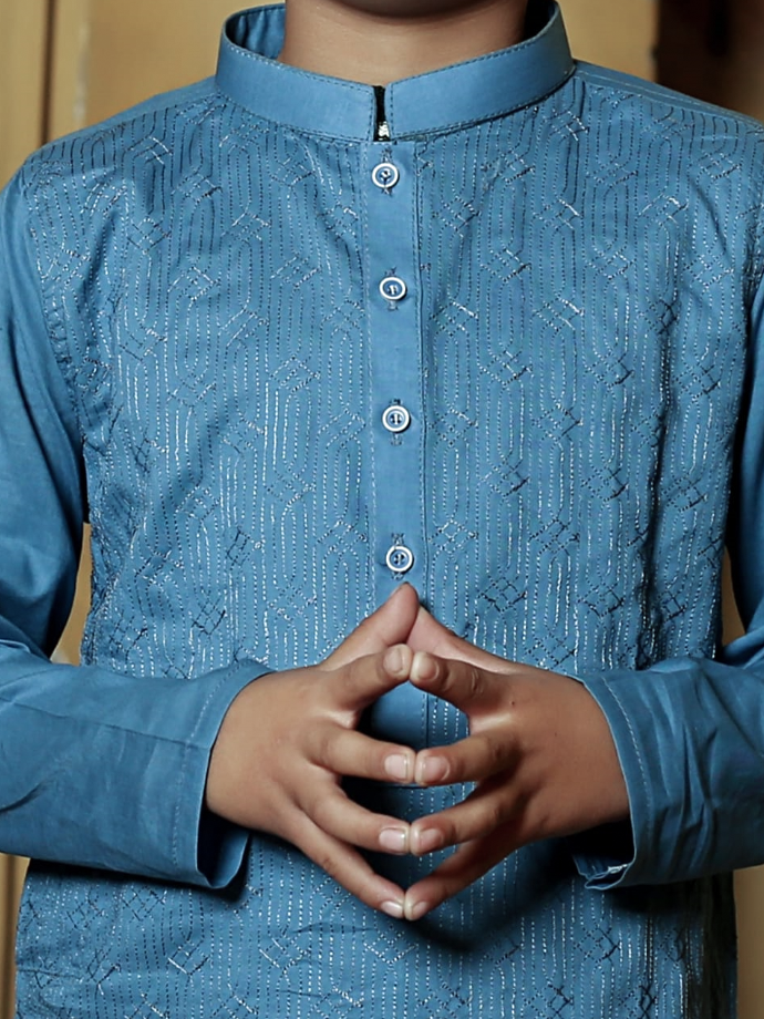 Stitched Kurta For Kids-Light Blue Allover Textured-VL0040