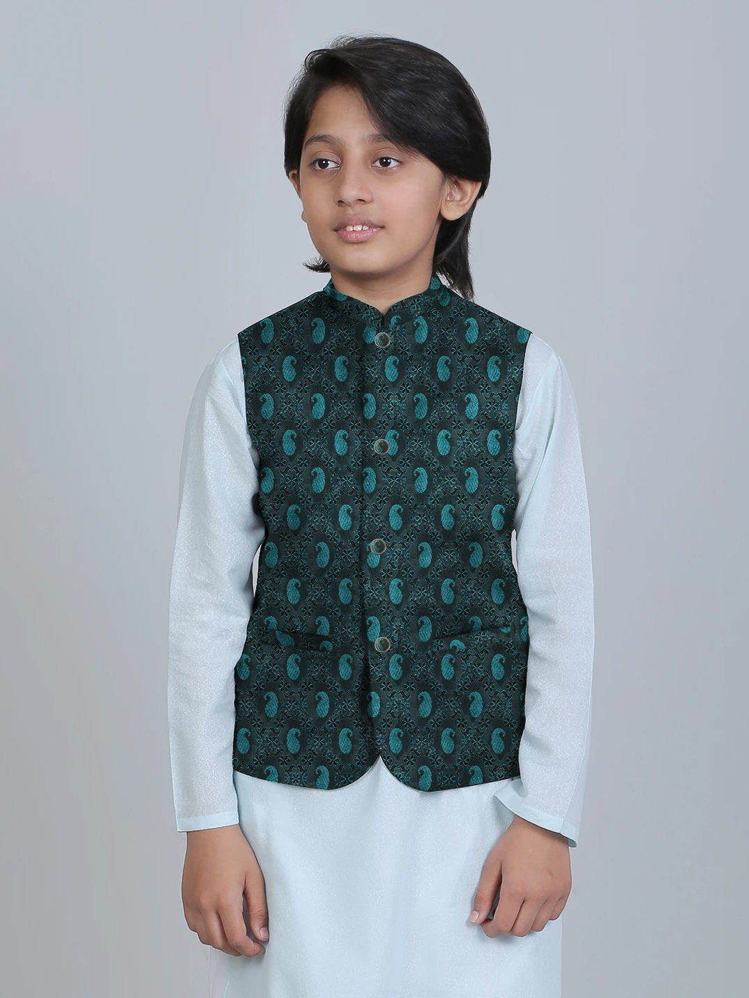 Premium Quality Stylish Jamawar Waistcoat For Boys Cyan Green RT958 Brandsroots